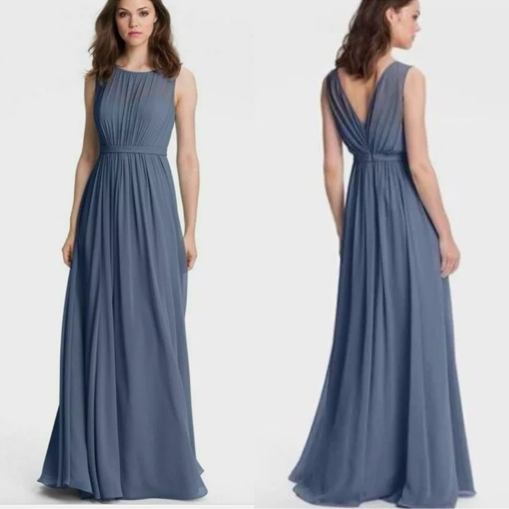 Jenny Yoo Sleeveless Pleated Maxi Dress in Dusty Blue